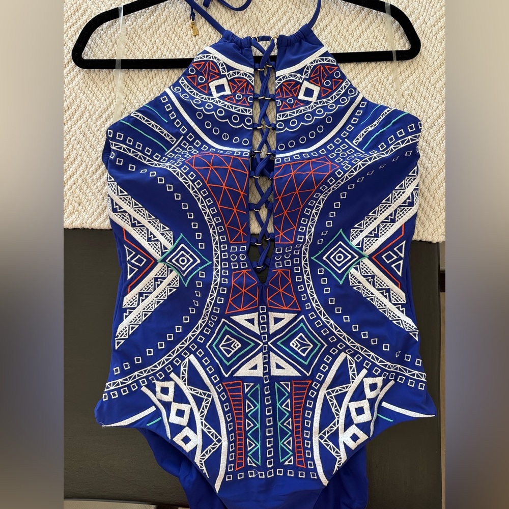 NWOT - Trina Turk Jakarta Blue Embroidered High Neck One Piece Swimsuit
